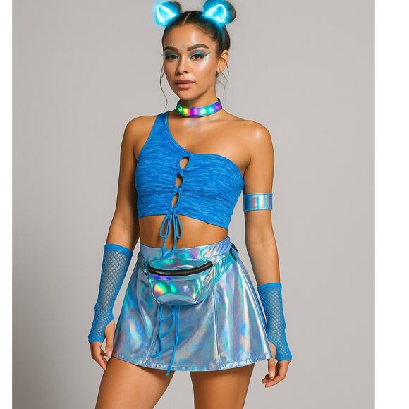 New Large Blue Lace up open front Space Dye One Shoulder‎ Top Adjustable Rave - Picture 1 of 4